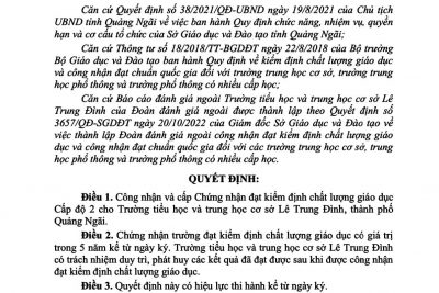 QUYẾT ĐỊNH CÔNG NHẬN VÀ CẤP CHỨNG NHẬN TRƯỜNG ĐẠT KIỂM ĐỊNH CHẤT LƯỢNG GIÁO DỤC