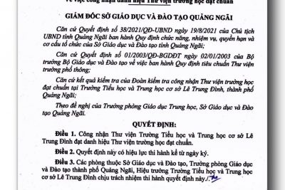 Quyết định công nhận danh hiệu thư viện trường học đạt chuẩn